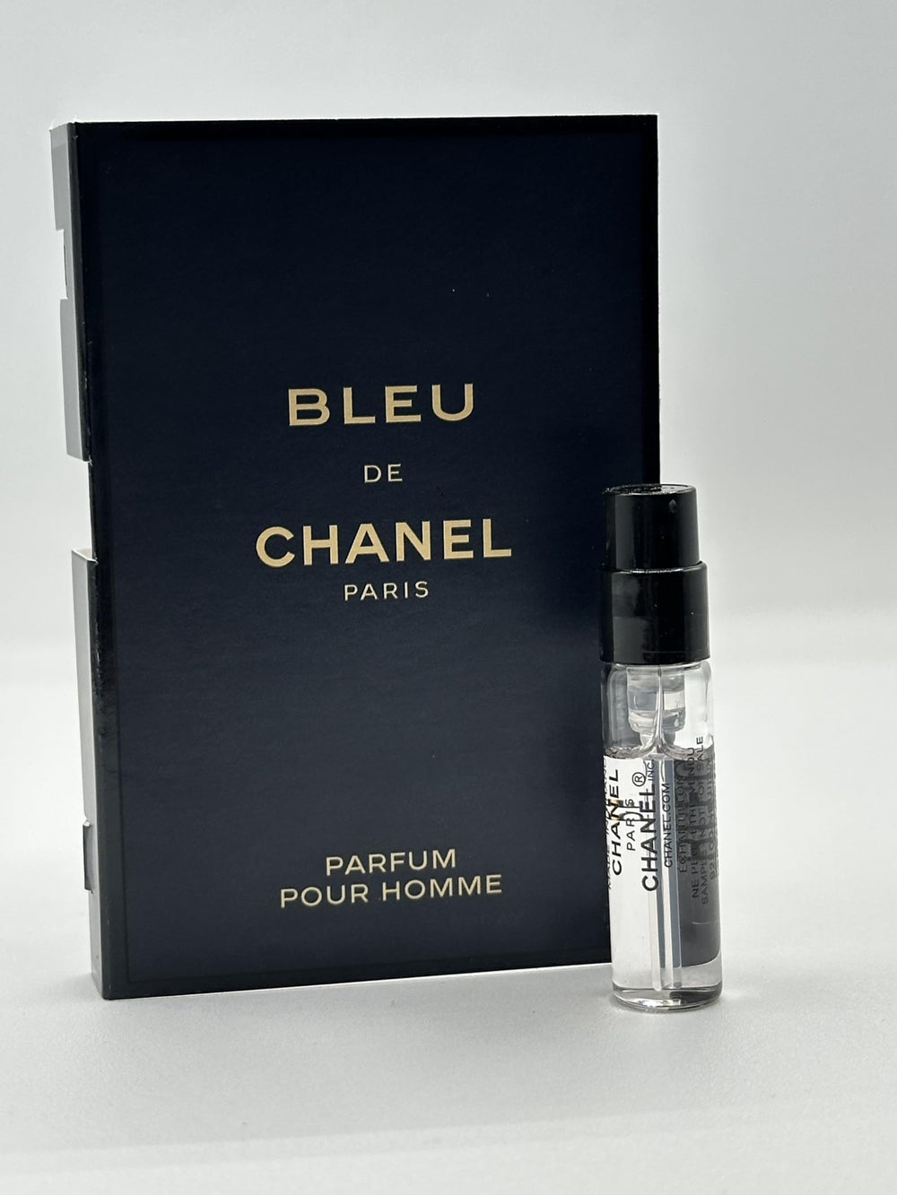 CHANEL Bleu de Chanel sample bottle front view, ideal for trial testing.