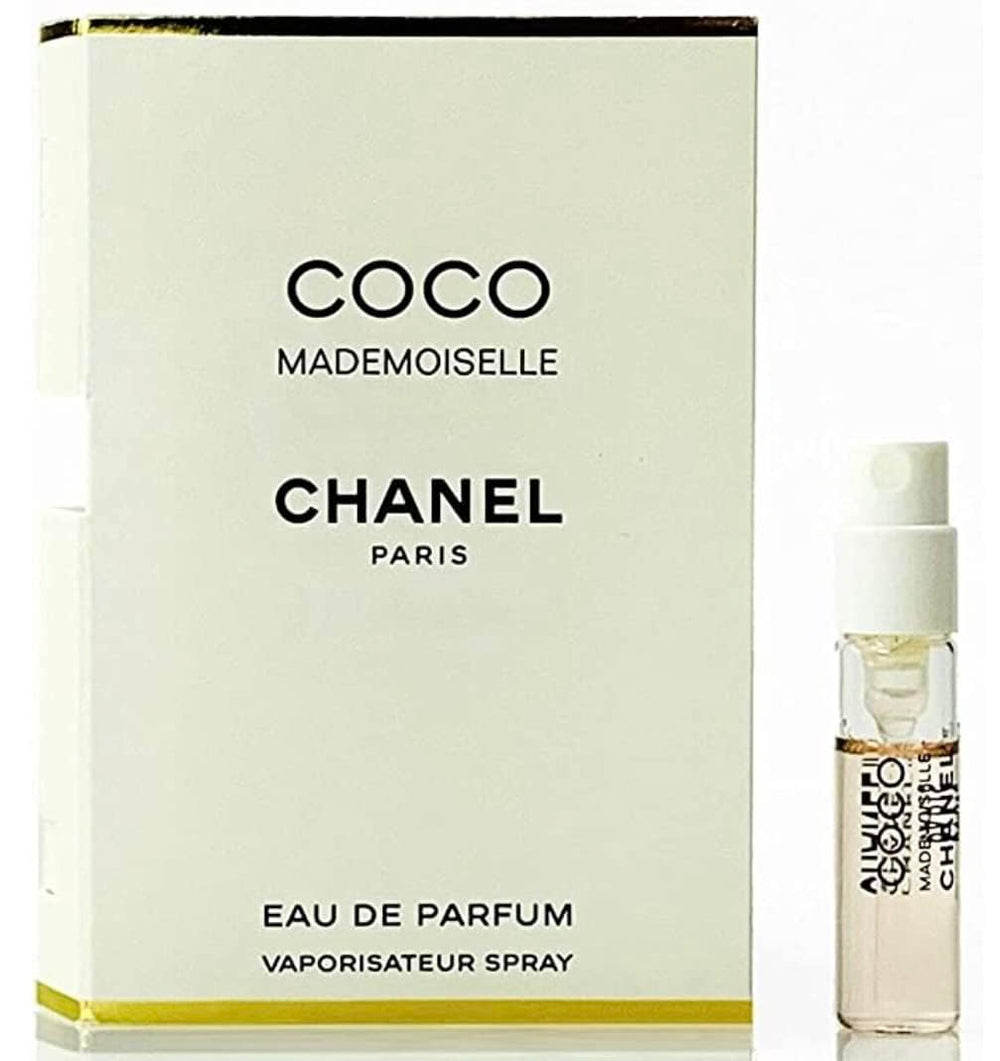 CHANEL Coco Mademoiselle EDT mini vial on card for travel testing.