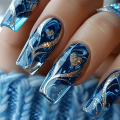 CHAONENG blue gradient press-on nails with silvery gloss for a chic look