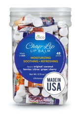 Chap-Lip Vitamin E Lip Balm jar with 48 tubes and flavor variety for hydration.