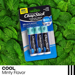 Three-pack ChapStick display for convenient lip care on the go.