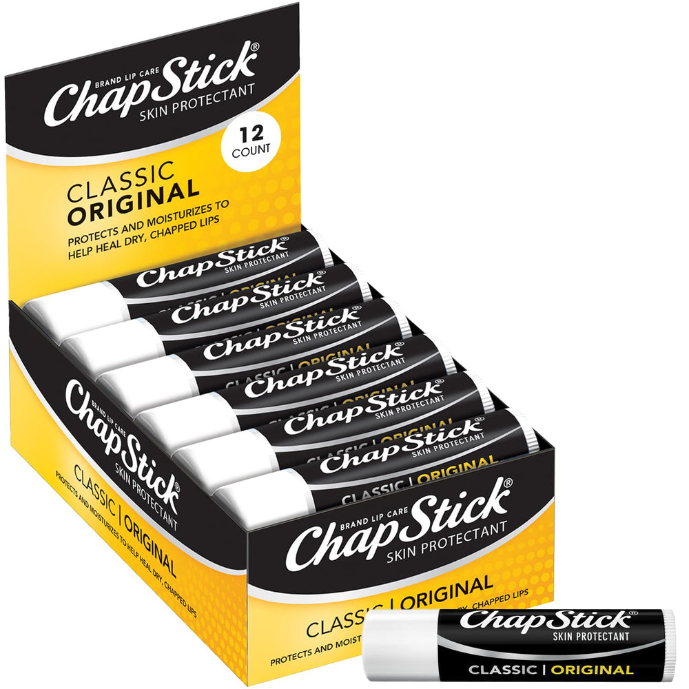 ChapStick Classic Original lip balm in a 12-pack for bedside and travel use.