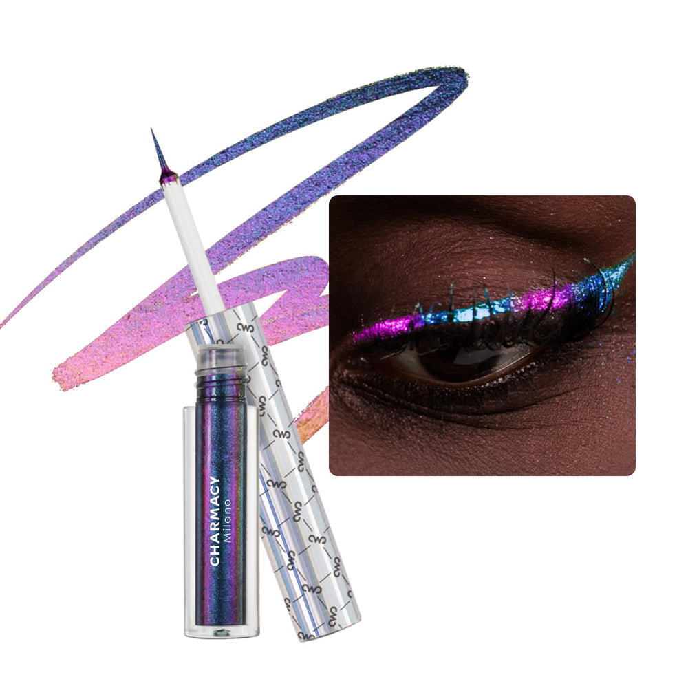 CHARMACY Chameleon Eyeliner shows purple-gold-indigo shift for dramatic shimmer during daylight