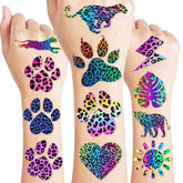 Cheetah tattoos 96pcs eight pages on display, ideal party favors for kids.