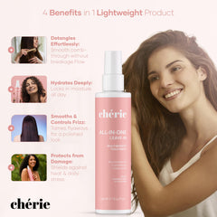 Cherie leave-in conditioner spray mist evenly nourishes damp hair for detangling.
