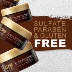 CHI Argan Oil Rejuvenating Masque being applied to damp hair for smoothness.