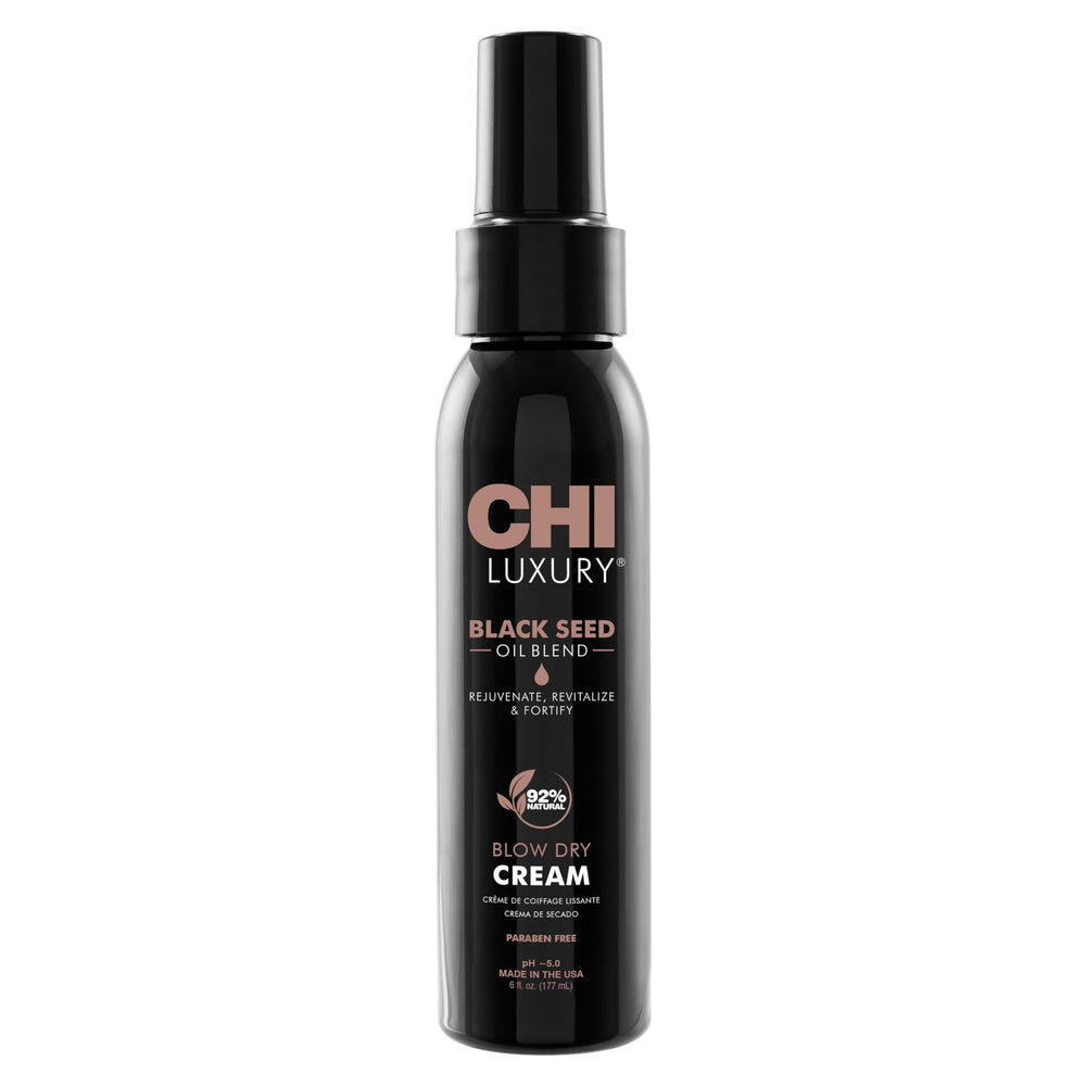 CHI Luxury Black Seed Oil Blow Dry Cream bottle highlights frizz control and shine.