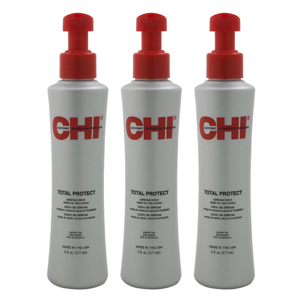 CHI Total Protect lotion bottle in a 3-pack delivers moisture and UV protection for healthier-looking hair.
