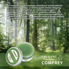 Label of CHIALING Comfrey Salve showing organic ingredients and plant-based components.