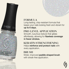China Glaze Fairy Dust on-nail image shows translucent gloss with twinkling glitter for layered looks.