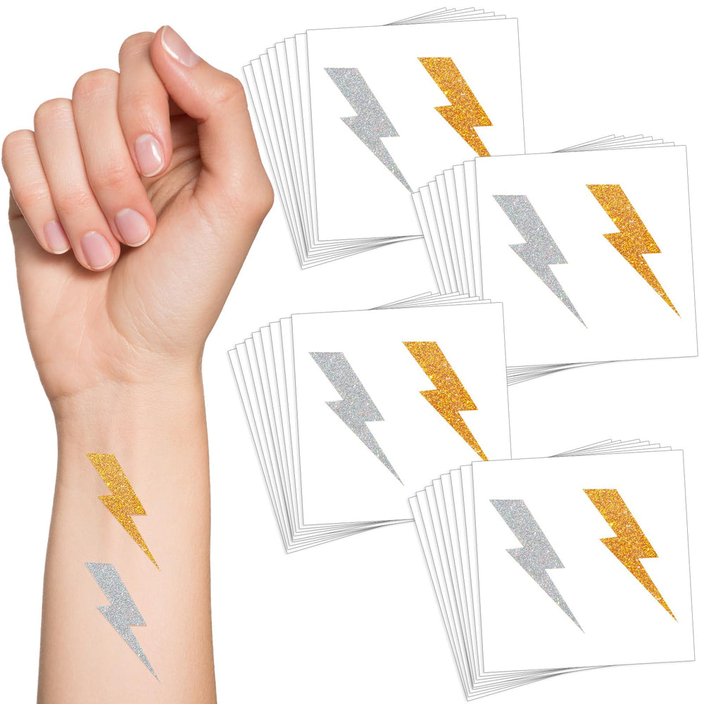 Cholemy glitter lightning bolt tattoo in gold on a 2x2 inch card for bold party style.