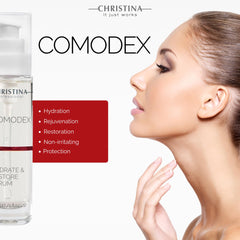 Christina Comodex serum on the face demonstrates easy massage for refreshed, dewy skin