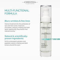 Christina Unstress Total Serenity serum droplets show quick-absorb texture for stressed skin.