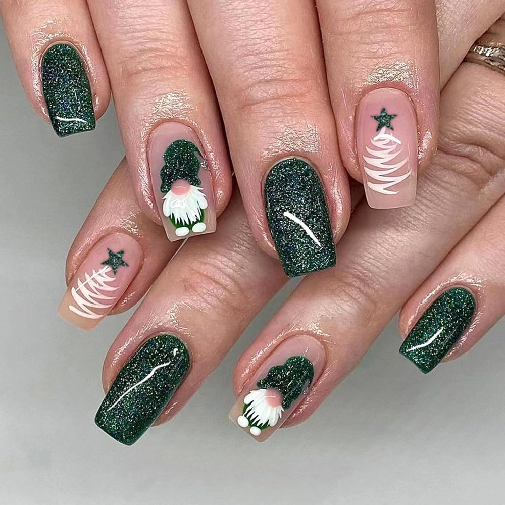 Christmas Press On Nails with green glitter gnome design for festive manicure.