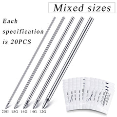 Close-up of hollow piercing needles highlights precision and stainless steel durability.