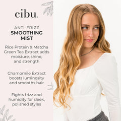 CIBU anti-frizz smoothing spray on shiny hair highlights flexible hold.