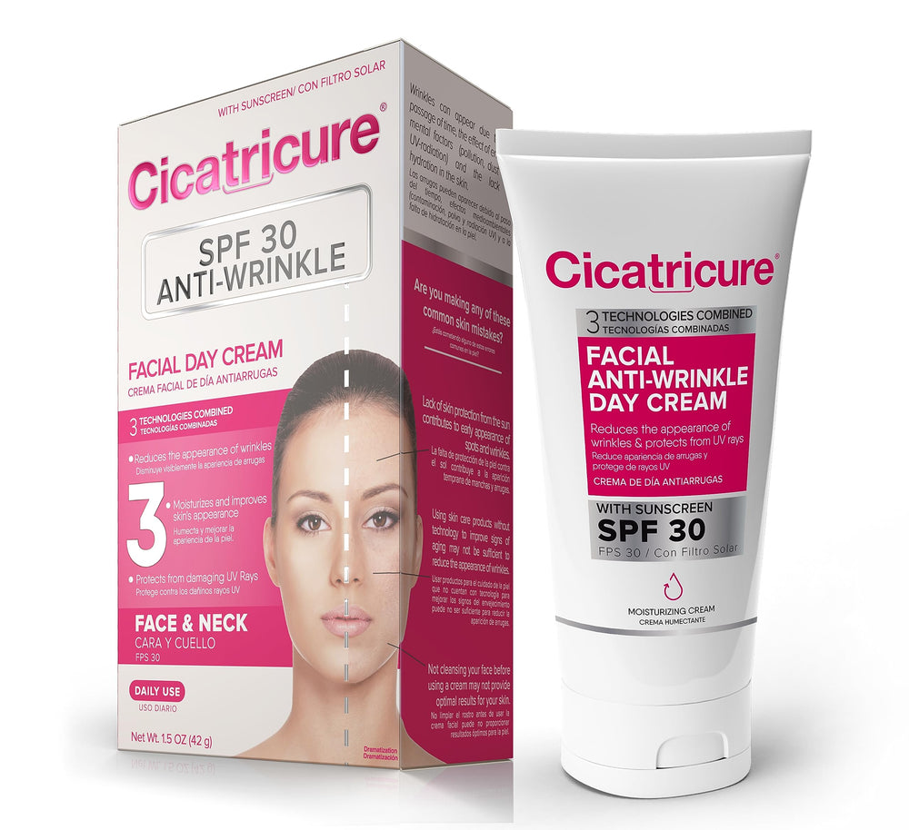 Cicatricure Advanced Face Cream SPF30 bottle shows daily sun protection and hydration.