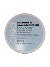 Ciroa Coconut and Macadamia Body Scrub bottle highlights hydrating skincare ritual.