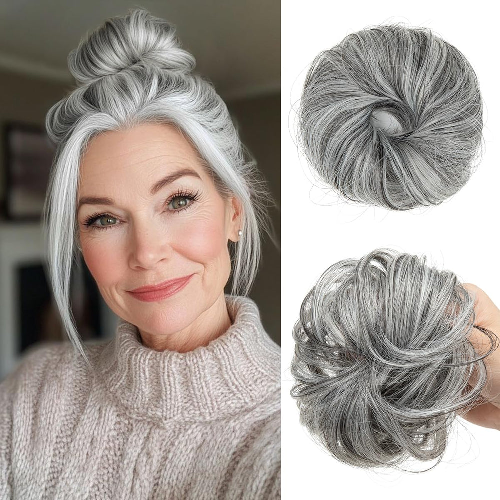CJL HAIR 2pcs small messy bun in dark grey adds lightweight volume for thinning hair