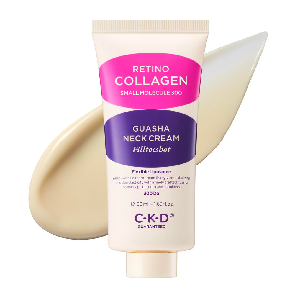 CKD Guaranteed Gua Sha Neck Cream bottle highlighting wrinkle reduction and firming potential.