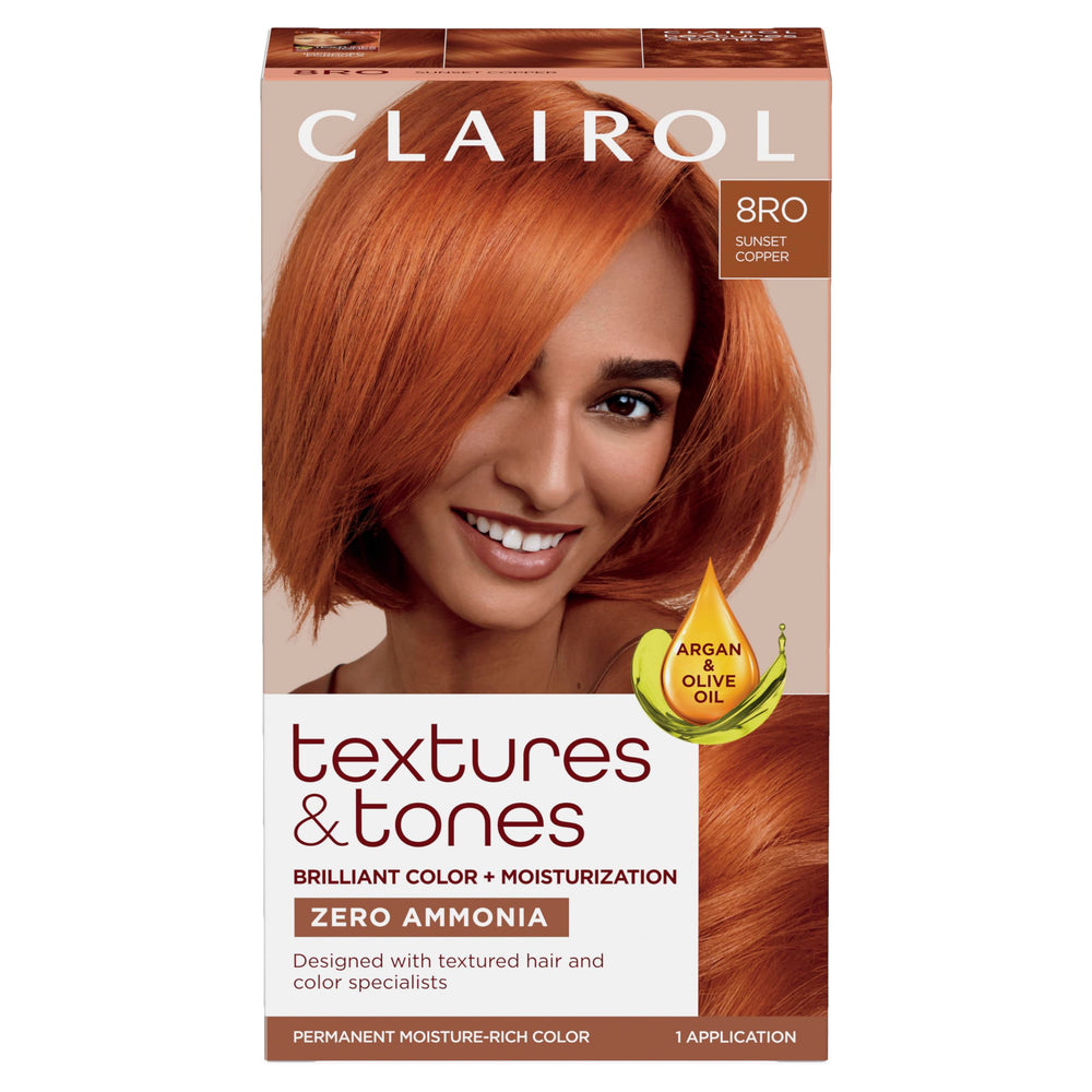 Clairol Textures & Tones 8RO Sunset Copper bottle for vibrant color on textured hair.