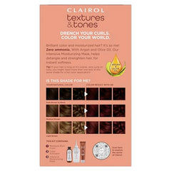 Clairol Textures and Tones Crimson Red box shows complete dye kit for textured hair.