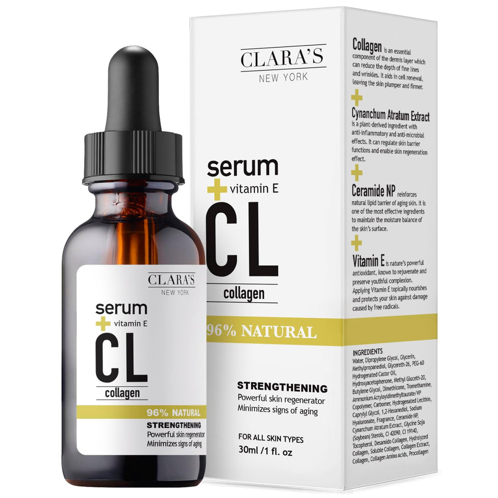 Clara's New York collagen serum bottle delivering lightweight hydration for daily use.