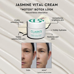 Clark's Botanicals Jasmine Vital Hydration texture-swirl highlights lightweight dewy finish after application