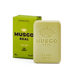 Claus Porto Musgo Real classic soap close-up highlights the woody scent for a refreshing cleanse