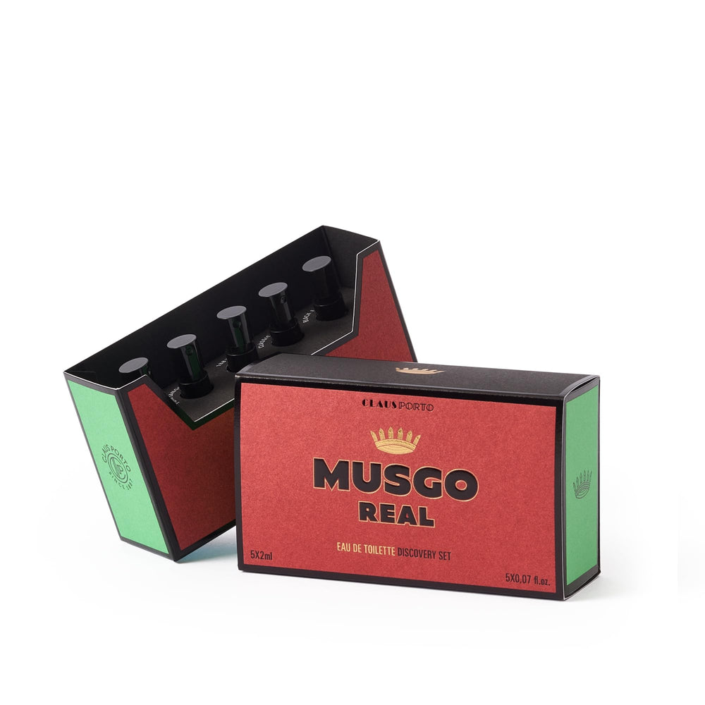 Claus Porto Musgo Real discovery set image showing travel-friendly 2ml vials for on-the-go fragrance exploration