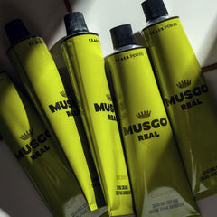 Claus Porto Musgo Real packaging with notes of sandalwood and vanilla enhances post-shave ritual.