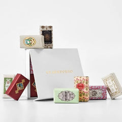 Claus Porto Classico mini soap label art close-up highlights premium fragrance experience