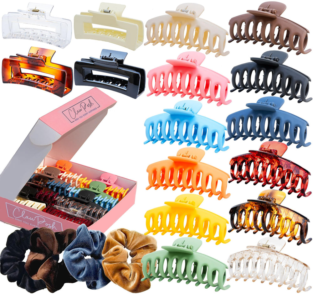 Clawposh 20 large hair clips pack-shot showing versatile grip for all hair types