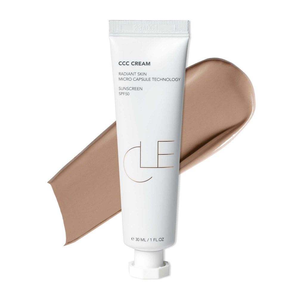 CLE Cosmetics CCC Cream bottle pump shows easy application and SPF 50 protection.
