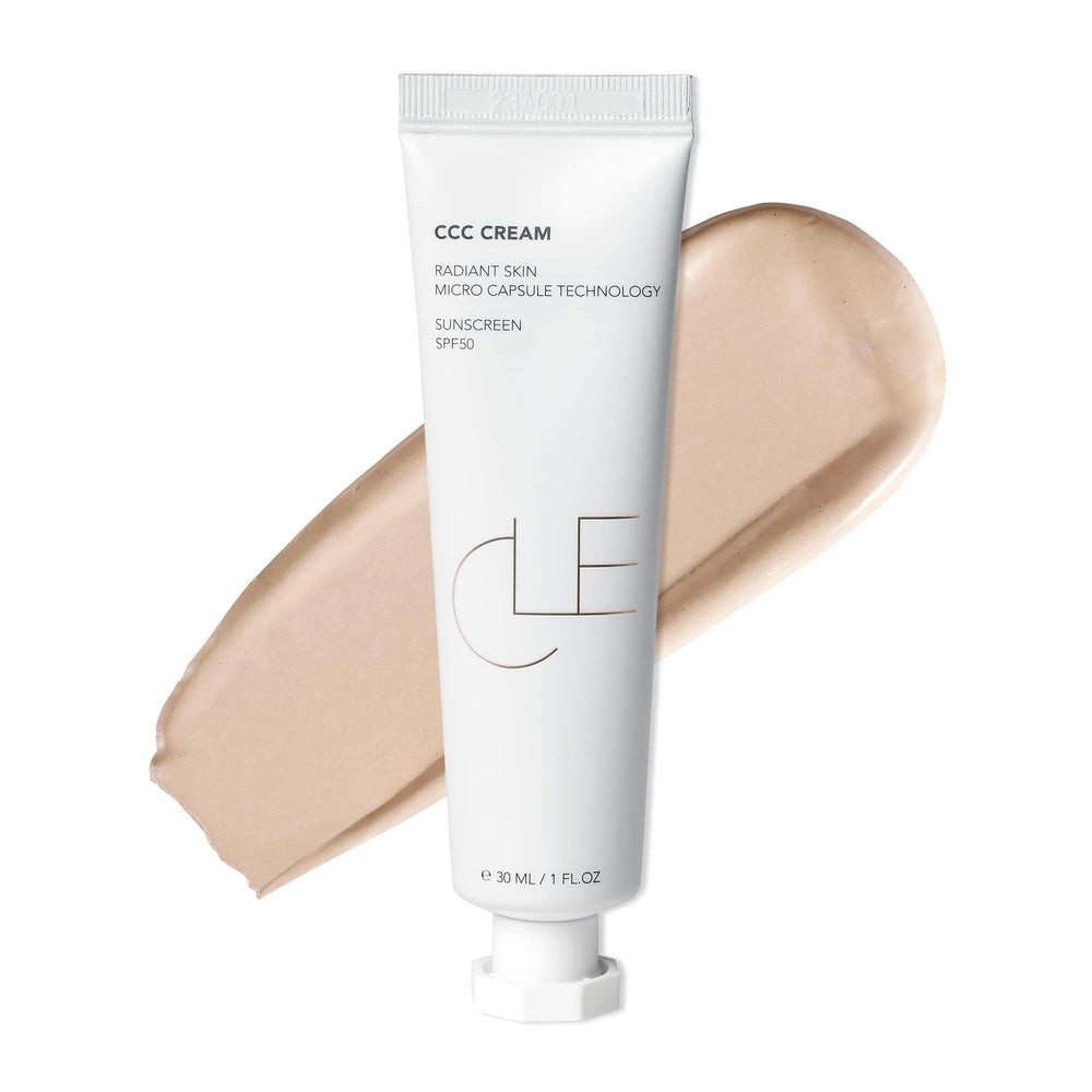 CLE Cosmetics CCC Cream Warm Light swatch shows natural color correction and lightweight coverage.