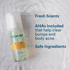 Closeup of Clean Age aluminum-free label highlighting vegan and paraben-free formula