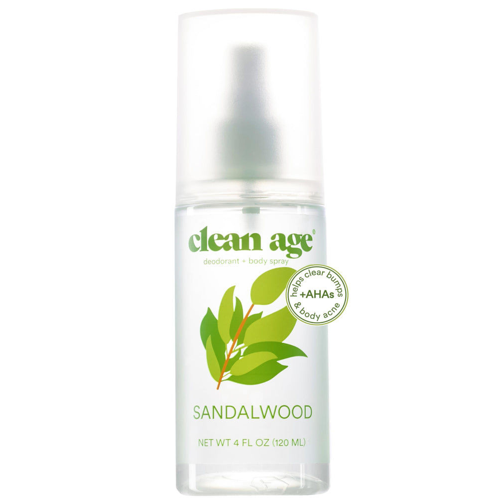 Clean Age sandalwood deodorant bottle front view highlighting aluminum-free formula for active teens