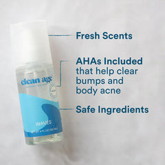 Clean Age Waves body spray bottle shown for post-practice refresh and odor control