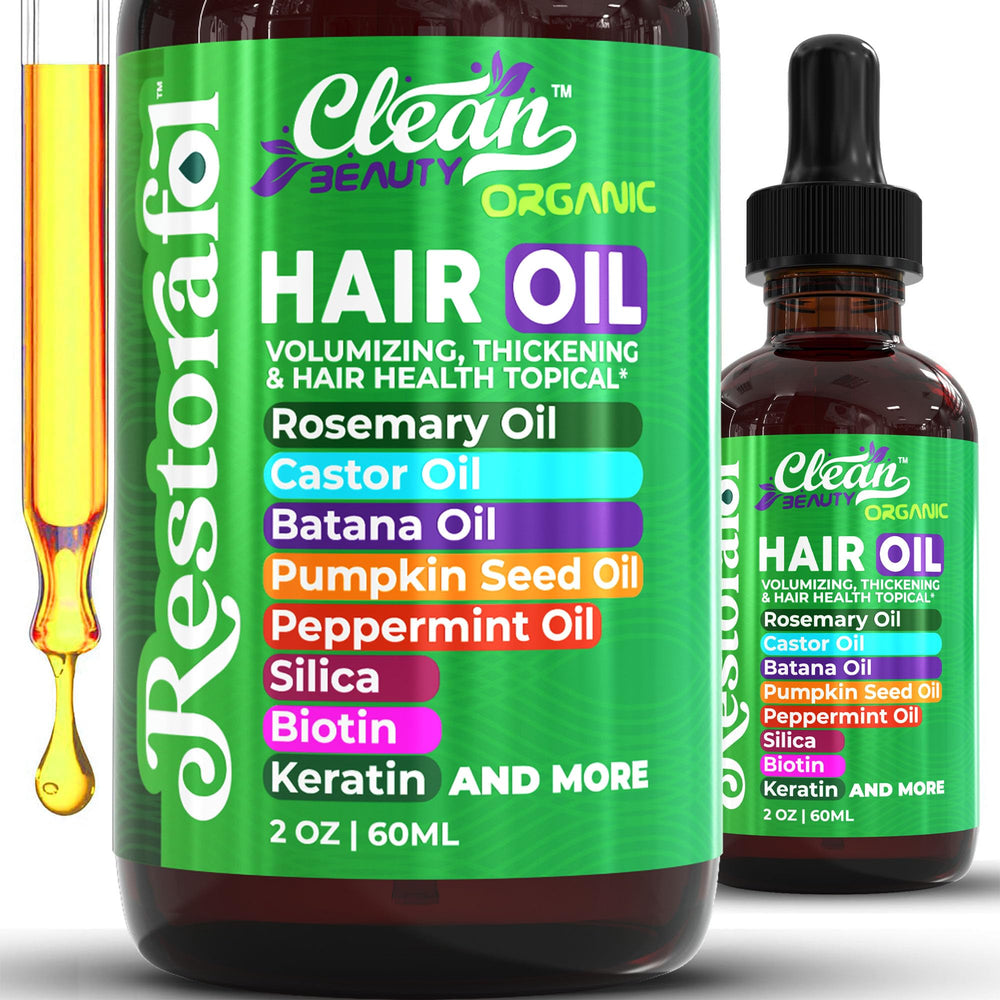 Clean Beauty Rosemary Hair Oil bottle pour for easy application and control.