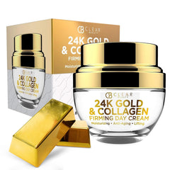 Clear Beauty 24K Gold & Collagen day cream jar highlights premium packaging for daily hydration.