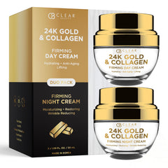Clear Beauty 24K Gold and Collagen moisturizer bottle with subtle glow and hydration.