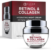 Clear Beauty collagen-retinol night cream jar with rich texture for overnight hydration.