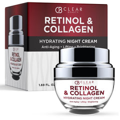 Clear Beauty collagen-retinol night cream jar with rich texture for overnight hydration.