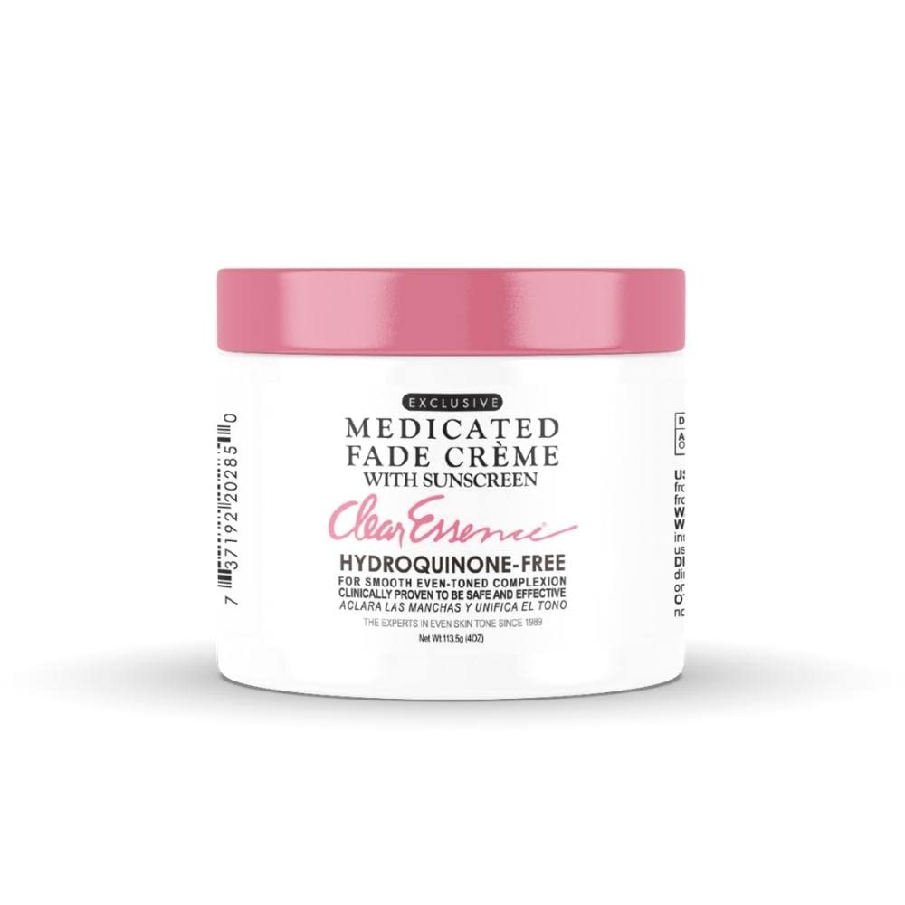 Clear Essence Exclusive Medicated Fade Creme bottle on vanity for evening skin tone