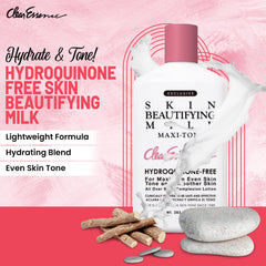 Clear Essence hydroquinone-free lotion label highlighting safe, gentle formulation.