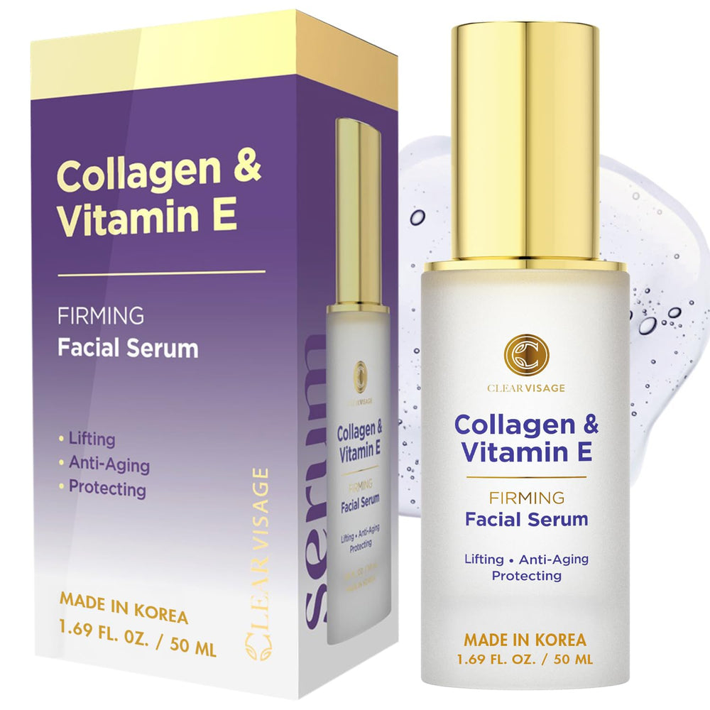Clear Visage collagen and vitamin E serum bottle with pump delivering lightweight hydration.