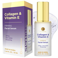 Clear Visage collagen and vitamin E serum bottle with pump delivering lightweight hydration.