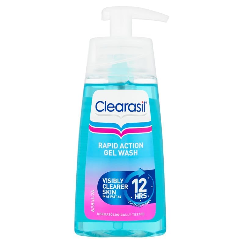 Clearasil Ultra Rapid Action Gel Wash bottle on sink ready for daily cleansing to help keep pores clear.