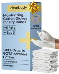 Clearbody Organics 5-pair small gloves in compact packaging for easy storage.