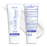 ClearChoice Sport Shield SPF 45 bottle close-up showing clear mineral protection for all skin tones.